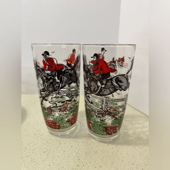 Awesome 1950s MCM Set of 13 Hazel Atlas Equestrian / Hunting Scene Bar Glass Set